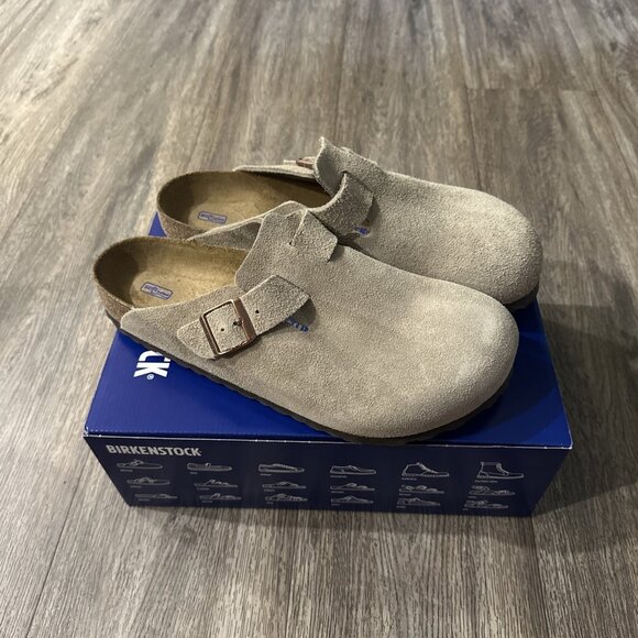 NIB Birkenstock Soft Footbed Boston Taupe Suede Slide Sandal Shoes Men 8 EU 41